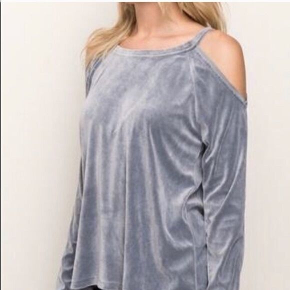 Mystree sz S cold shoulder blue velour  feel top - Picture 1 of 6